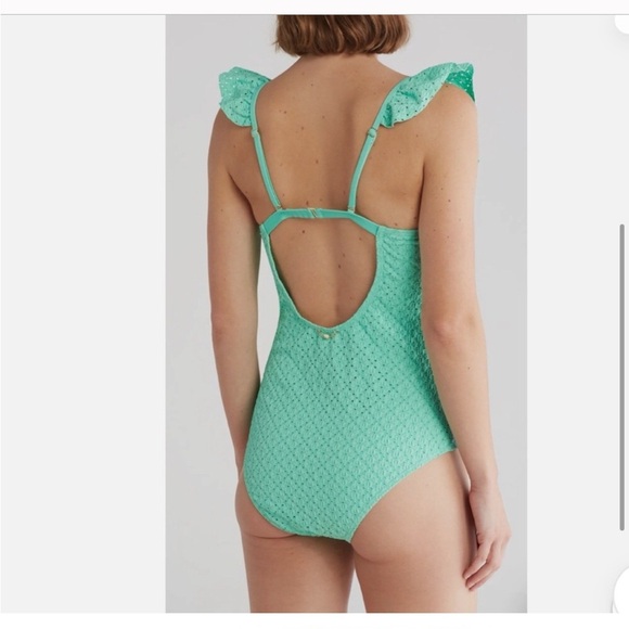 Betsey Johnson Biscay Green 1‎ piece Ruffle strap eyelet Swimsuit size large new - Picture 5 of 6